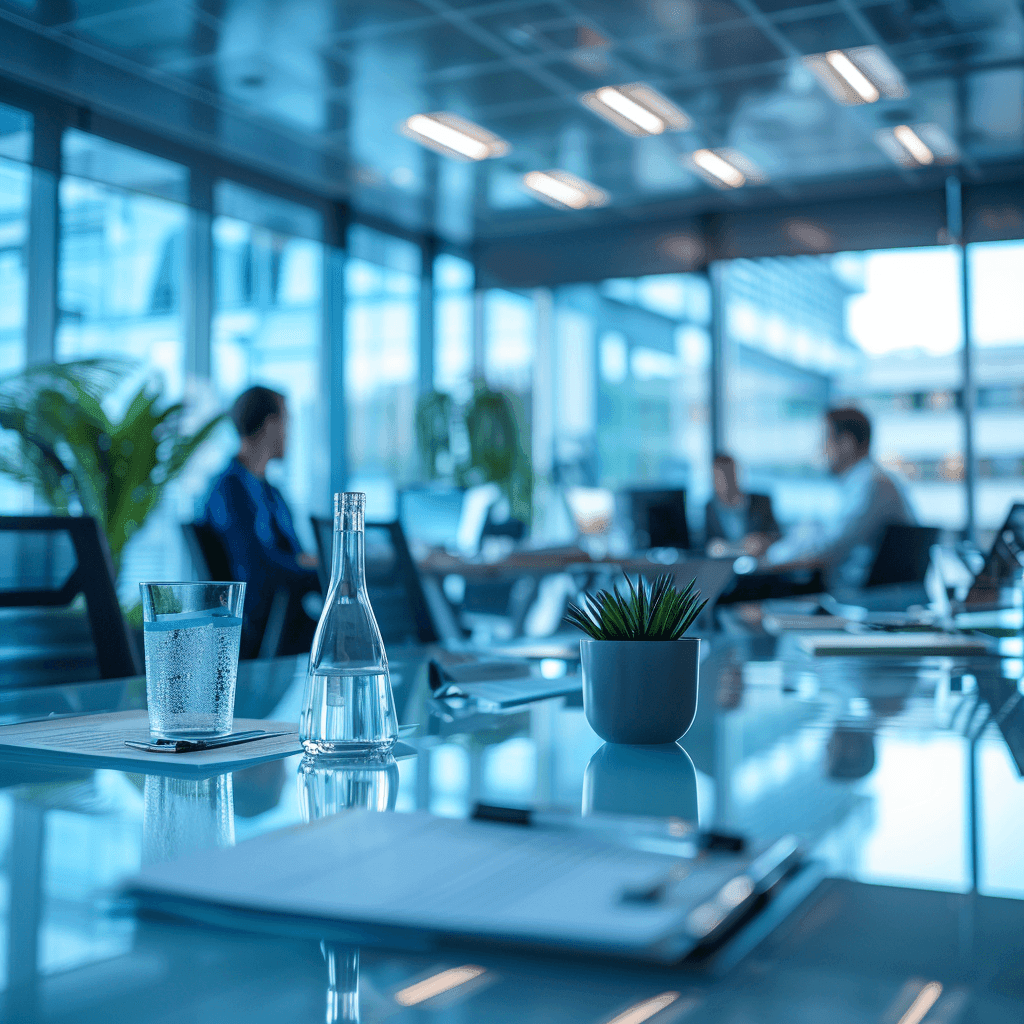 Modern meeting room with glass table, water bottle, plant, and blurred people in background.